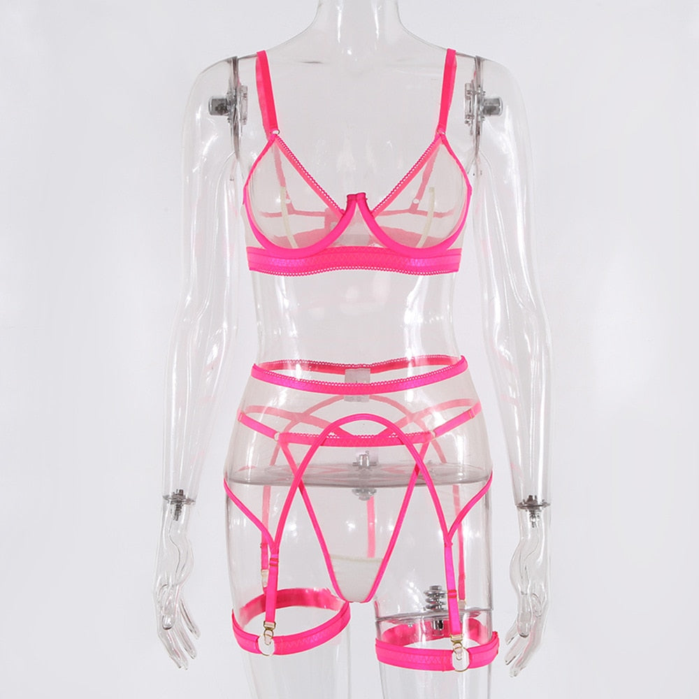 Sensual Transparent Pink 4pc Lingerie Set
