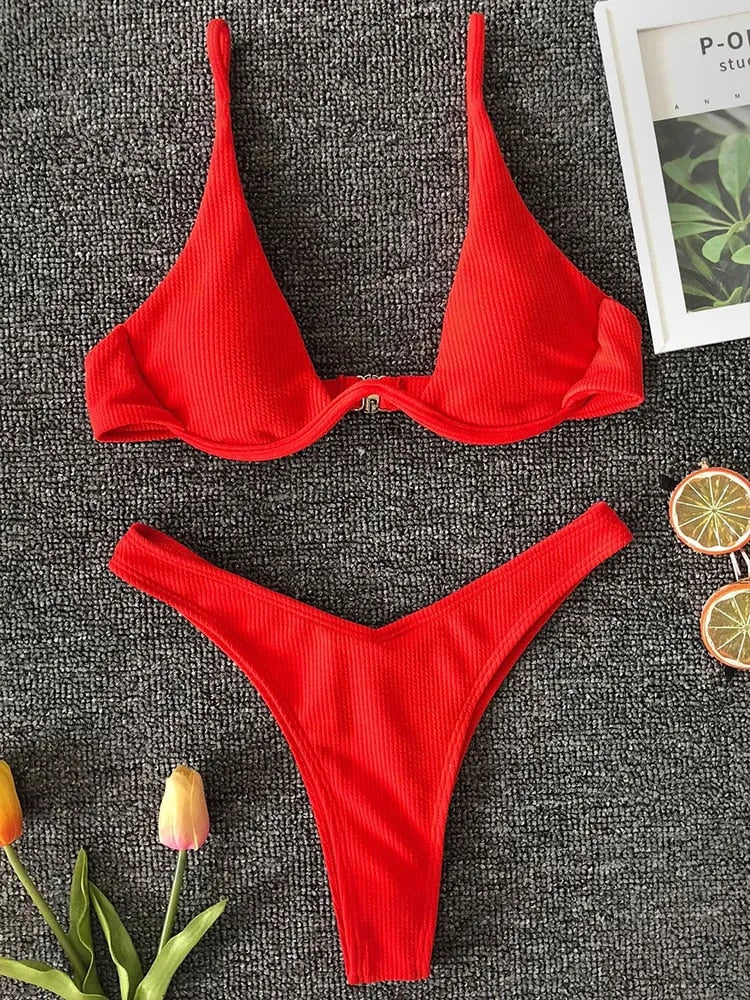 Red Ribbed V-bar Underwire Bikini Set