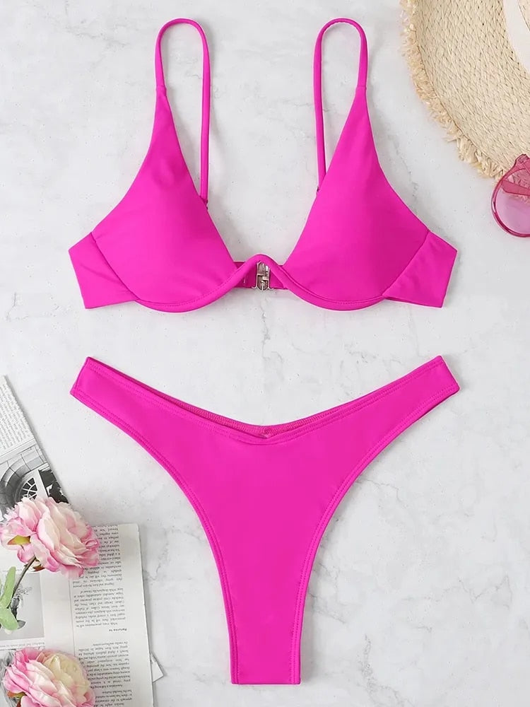 Hot Pink V-bar Underwire Bikini Set