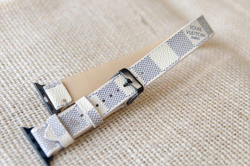 Leatherian Handcrafted Apple Watch Band Classic LV Monogram Damier Azur Double Loop / 38mm/40mm / Silver