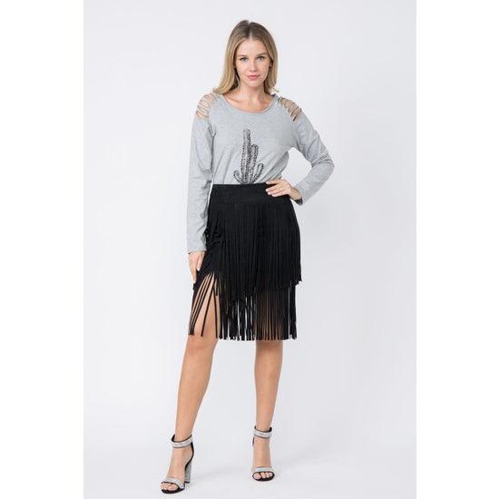 Suede Tiered Fringed Skirt - Mint Leafe Boutique 