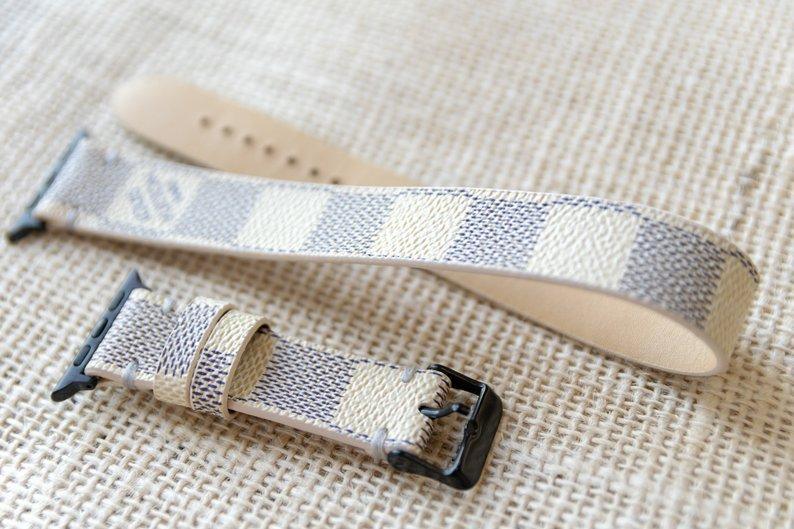 Leatherian Handcrafted Apple Watch Band Classic LV Monogram Damier Azur Double Loop / 38mm/40mm / Silver