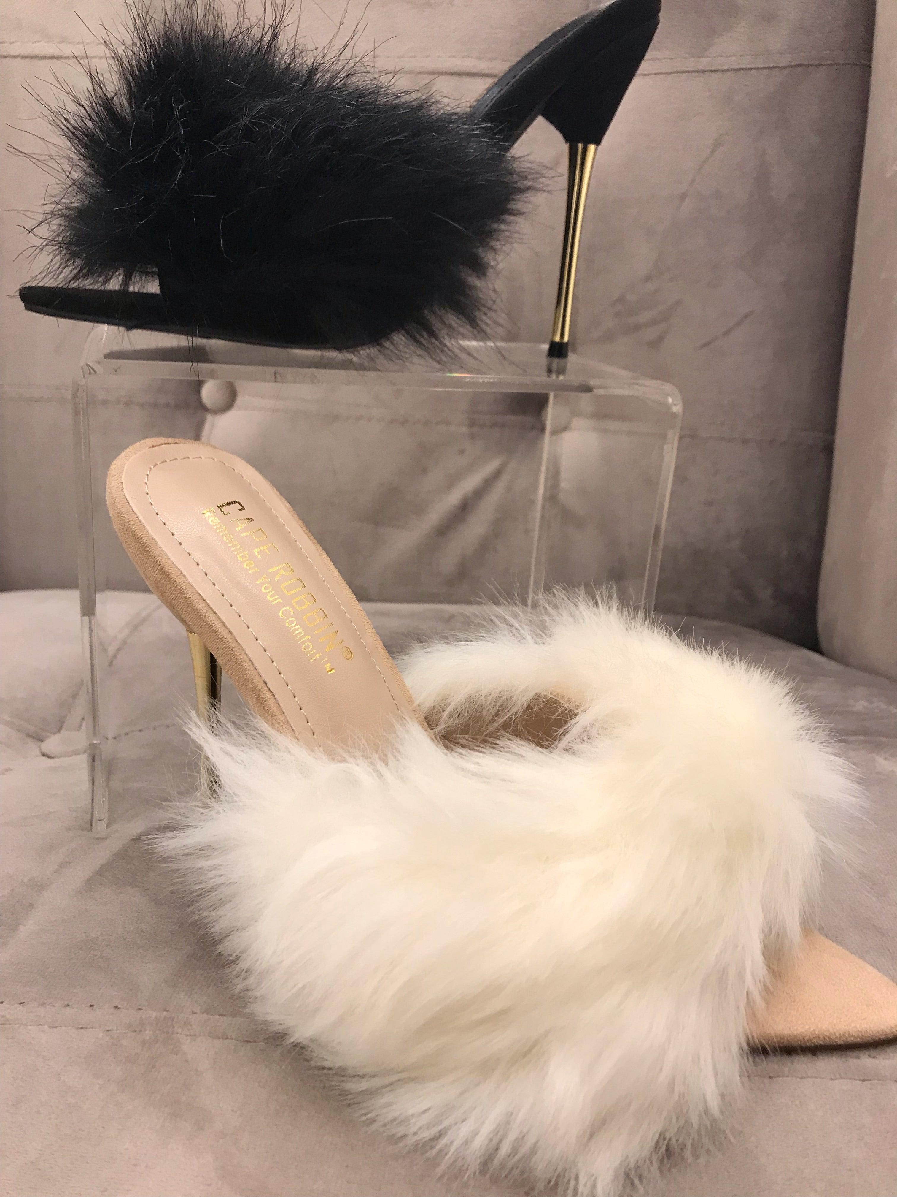 Black Stiletto High Heel Sandals With Fluffy Fur - TGC Boutique