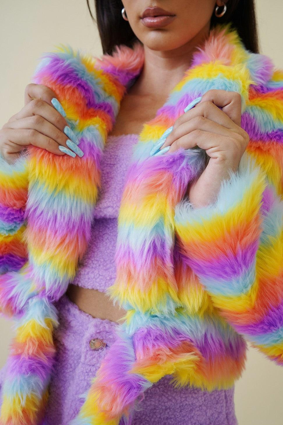 "Taste the Rainbow" Multi Color Fur Coat - Mint Leafe Boutique 