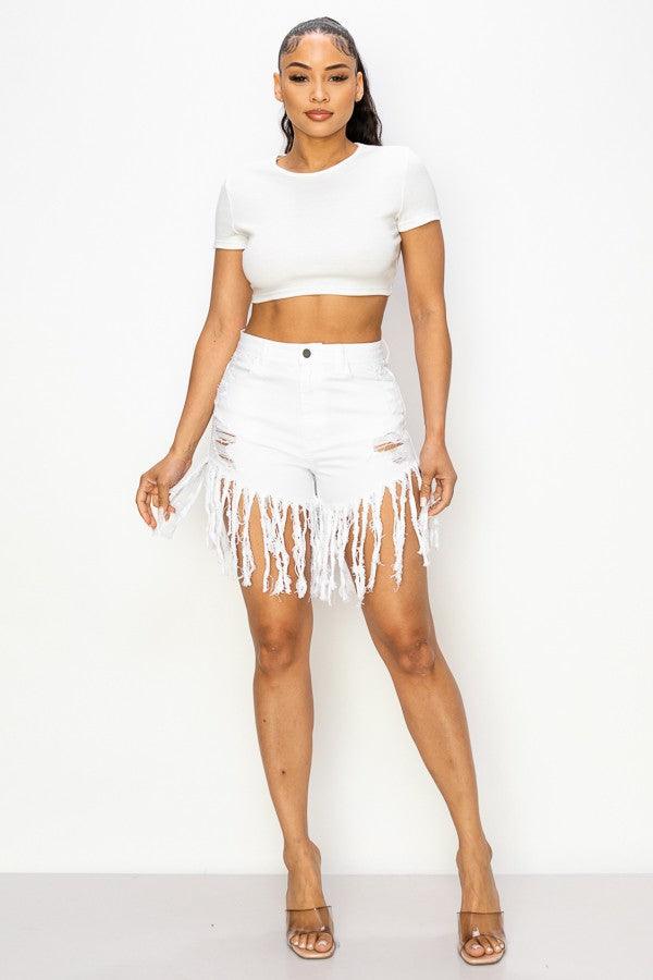 "Cannie" White Fringe Shorts - Mint Leafe Boutique 